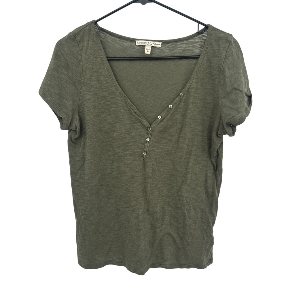 Express One Eleven Olive Slub Knit Button V‎ Neck Tee S Minimal Capsule Layering